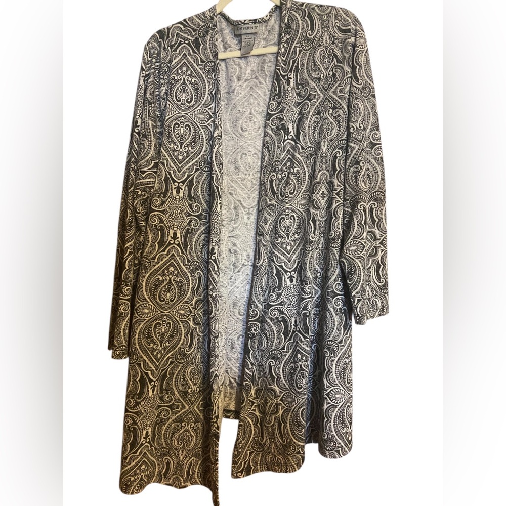 Catherine’s grey open front White Paisley Open Cardigan mid length womens 3X 26